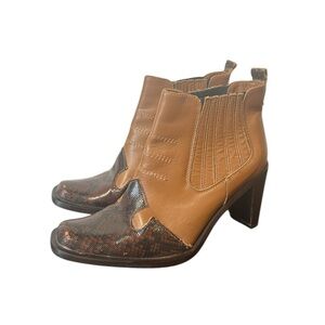 Snakeskin & Brown Western Cowgirl Ankle Booties | Pull On | Block Heel | Sz 7 US